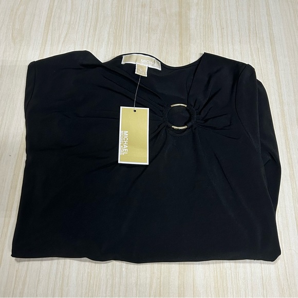 Michael Kors Black Stretch Top Logo Ring At Neckline Long Sleeve NWT Size M - Picture 11 of 12